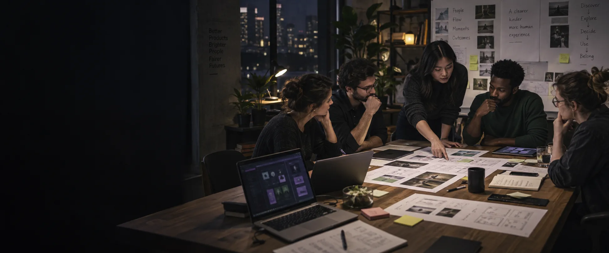 Product design team reviewing interface concepts together