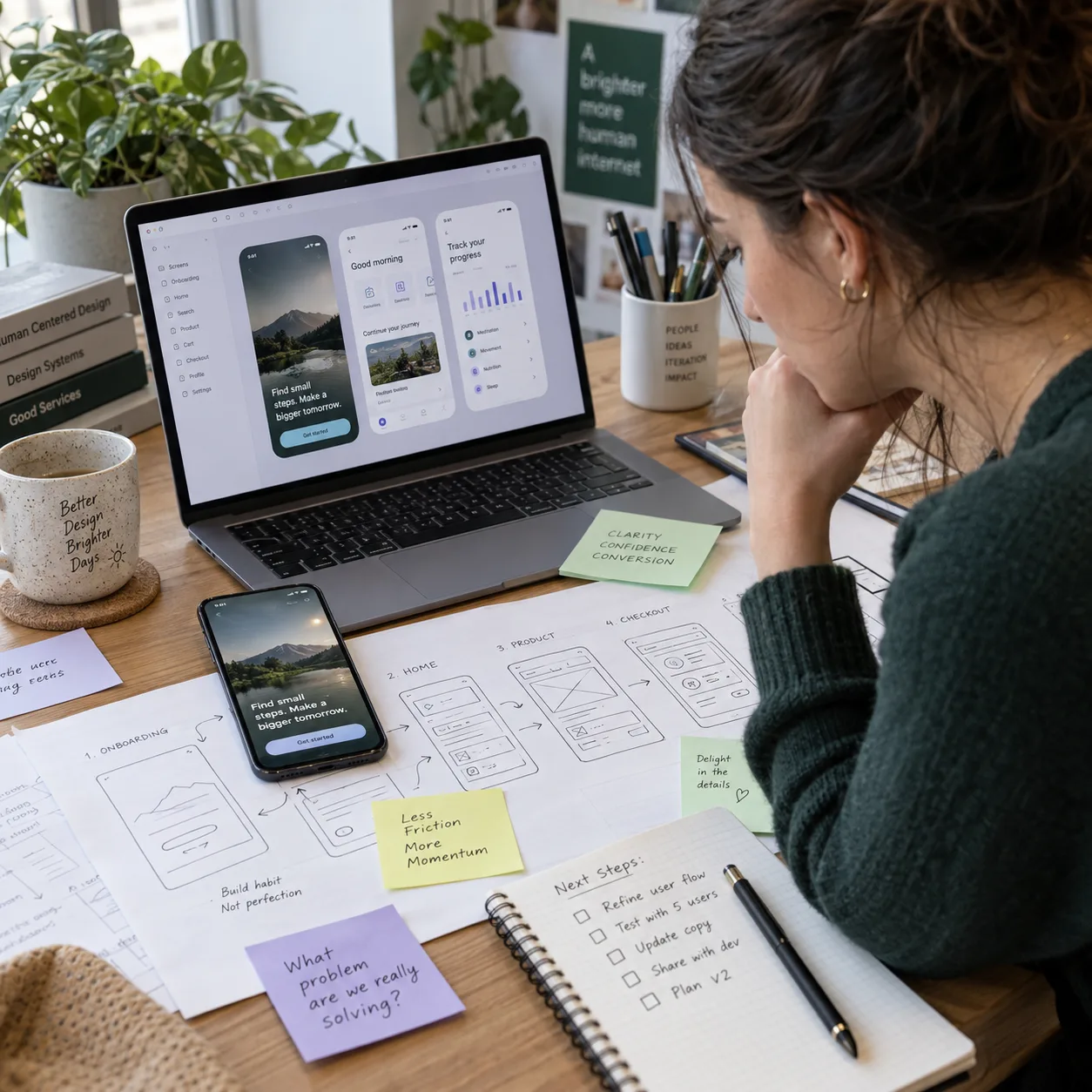 Product designer reviewing a mobile prototype, user flows, and interface notes