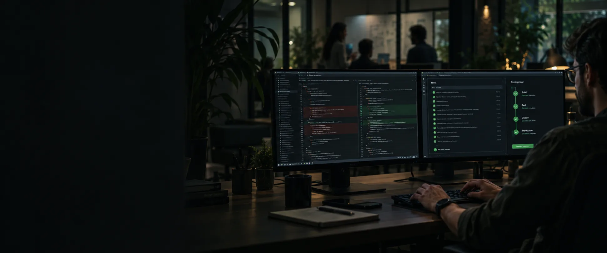 Engineer reviewing code, tests, and a production deployment