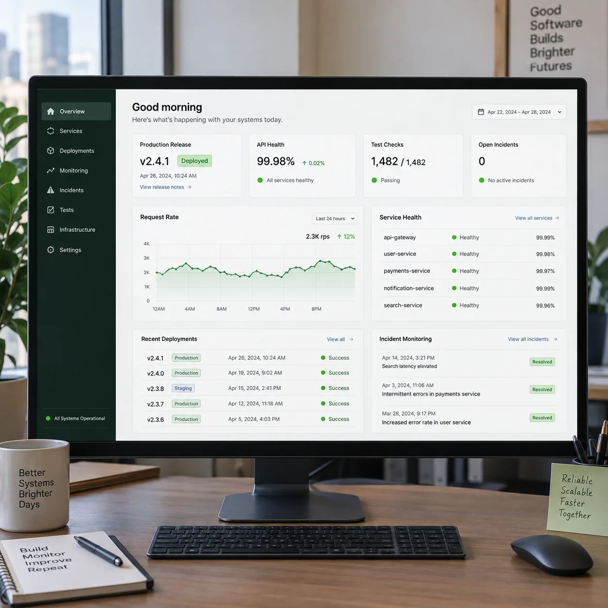 Production release, API health, automated tests, and incident monitoring on an engineering workstation