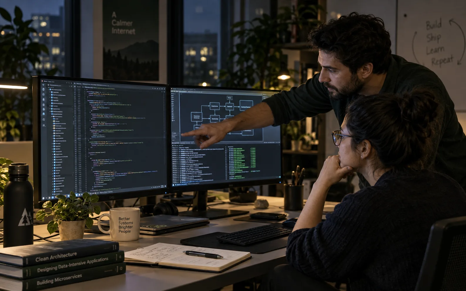 Engineers pairing on application code and system architecture